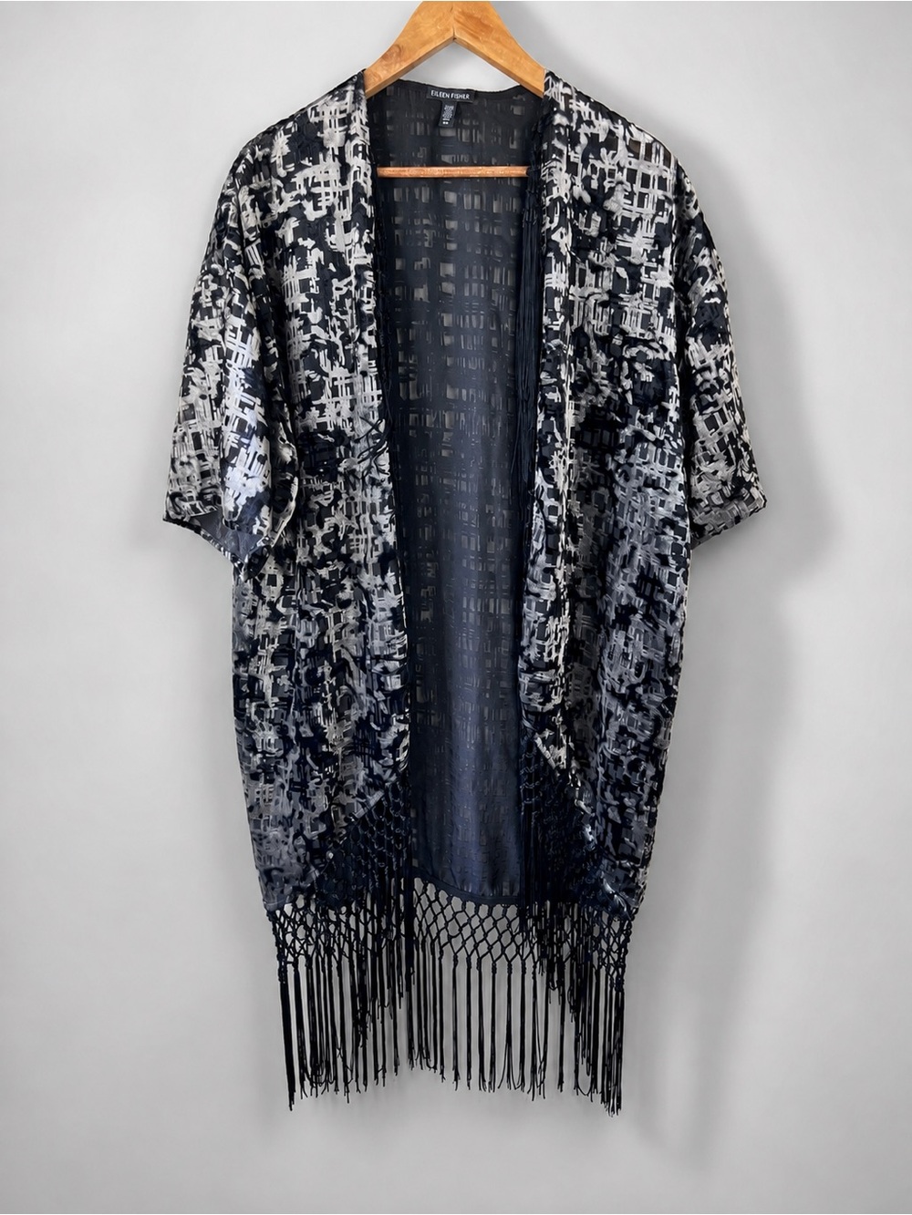 Eileen Fisher burnout velvet kimono duster Fringe cardigan Small 100% Wool Black